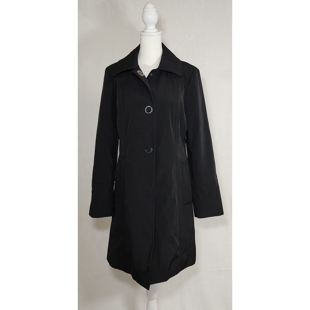 Gallery Black Mid-Length Single Breasted Trench Coat Jacket with Grommet Buttons